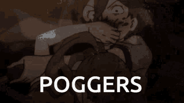 a cartoon of a man being held by another man with the words poggers written on the bottom