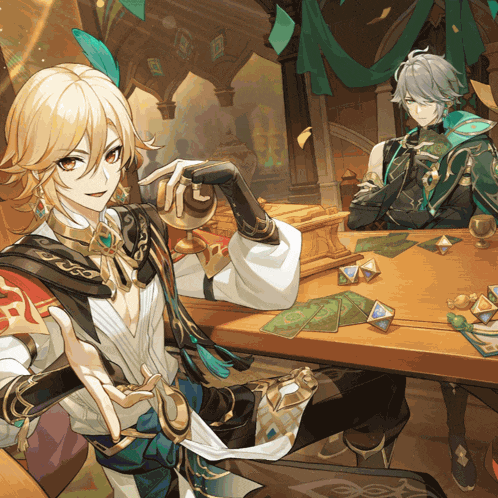 a couple of anime characters sitting at a table with cards