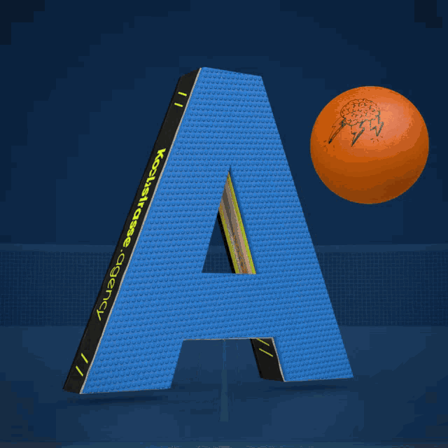 a blue letter a with a ping pong paddle on it