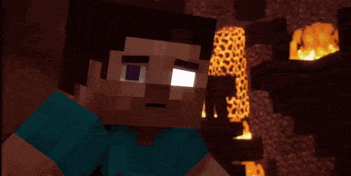 a minecraft character standing in front of a fire