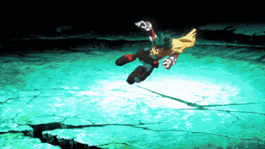 a cartoon character is flying through the air on a green surface