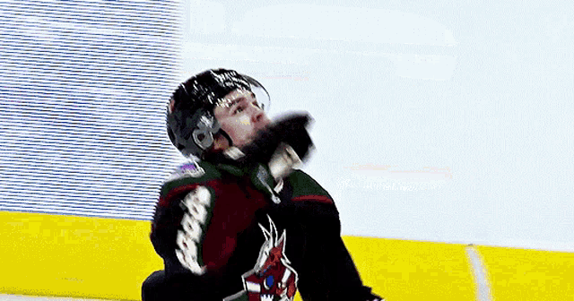 a hockey player wearing a jersey that says coyotes on the back