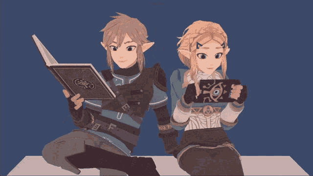 a cartoon of a boy and a girl looking at a tablet
