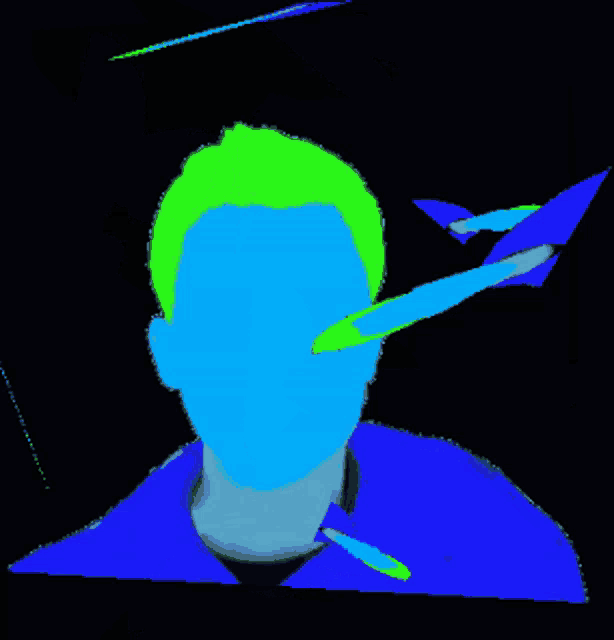 a colorful drawing of a man 's face with a blue shirt and green hair