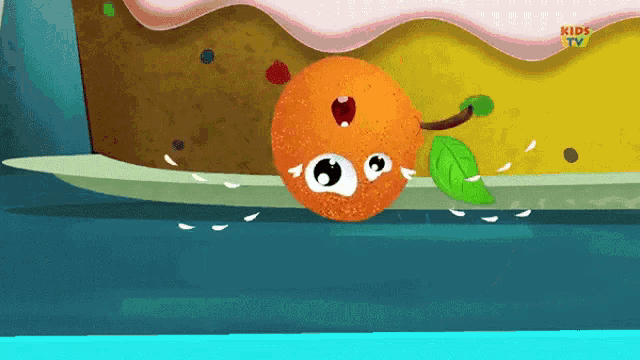 a cartoon drawing of an orange and a cake with kids tv on the bottom right