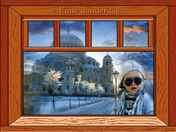 a picture of a boy in front of a building with the words fijne donderdag