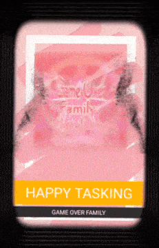 a happy tasking game over family advertisement on a pink background