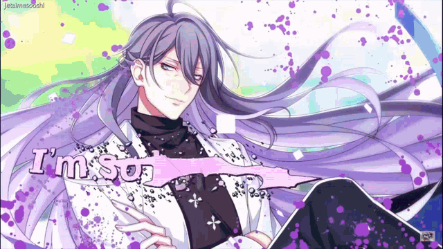 a man with long purple hair says i 'm so on a purple background