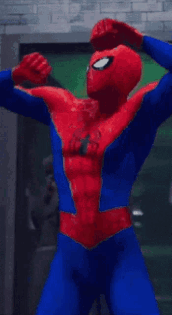 a spider man is flexing his muscles in a video game