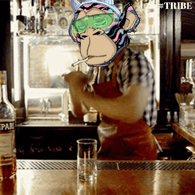 a bartender is smoking a cigarette and wearing a monkey mask