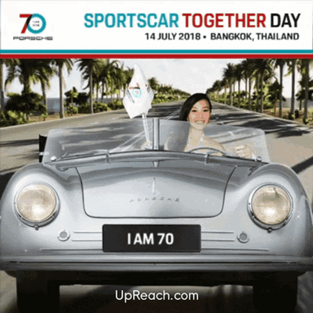 a poster for sportscar together day shows a woman driving a car