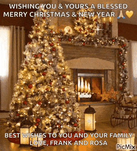 a christmas card with a christmas tree and a fireplace wishing you and yours a blessed merry christmas