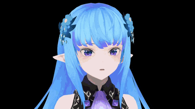 a girl with blue hair and purple flowers in her hair laughs