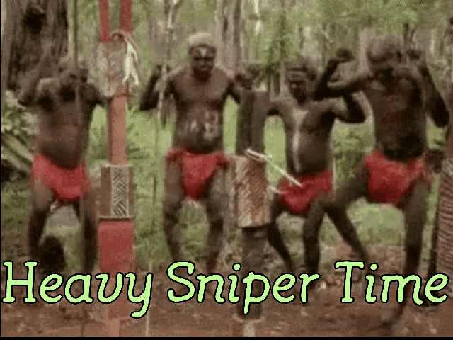 a group of men are dancing in a forest with the words heavy sniper time written above them