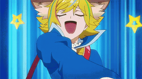 a cartoon character with yellow hair and a blue jacket is singing