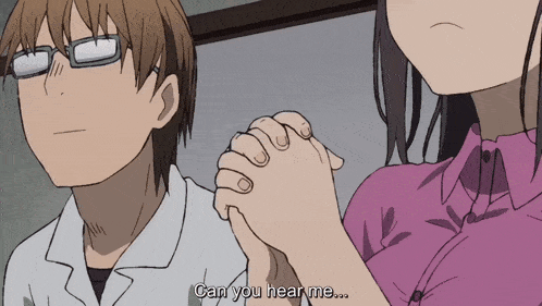 a man and a woman are holding hands and the woman is saying " can you hear me "
