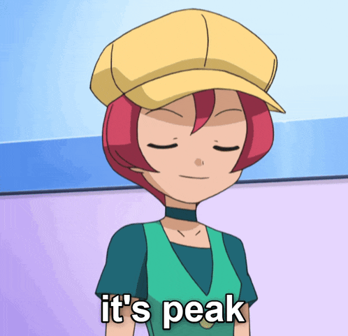 a cartoon character says it 's peak while wearing a hat