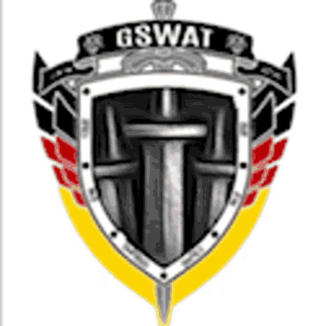 the logo for gswat is a shield with a sword in the middle .