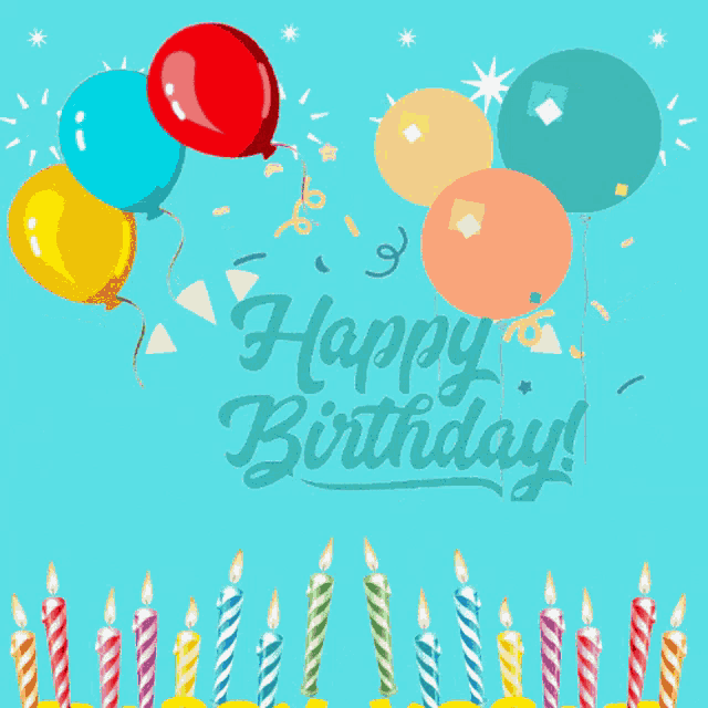 a happy birthday card with candles and balloons on a blue background