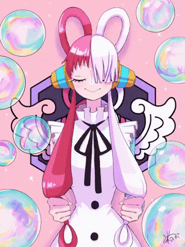 a drawing of a girl surrounded by bubbles with the letters ao on the bottom