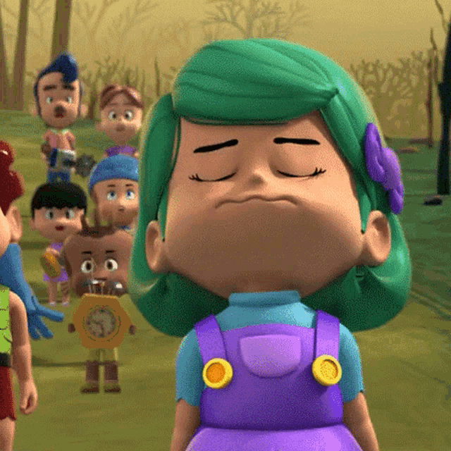 a cartoon girl with green hair and a purple dress is making a funny face .