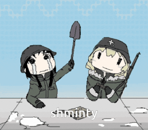 a cartoon drawing of a girl holding a shovel and the word shminty below her