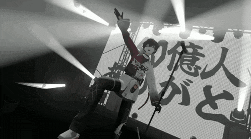a black and white photo of a person holding a microphone in front of chinese writing