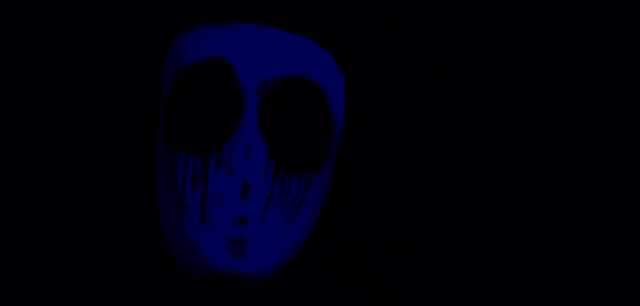 a blue face with black eyes is glowing in the dark .