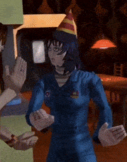 a woman wearing a party hat is dancing in a room