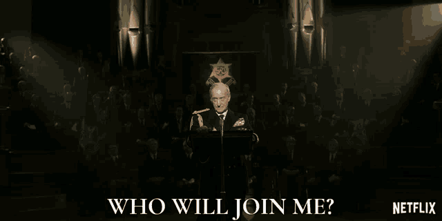 a man stands at a podium in front of a crowd with the words who will join me below him