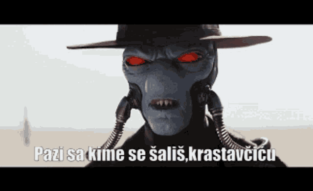 a picture of a robot with red eyes and the words pazi sa kime se salis krastaviciu