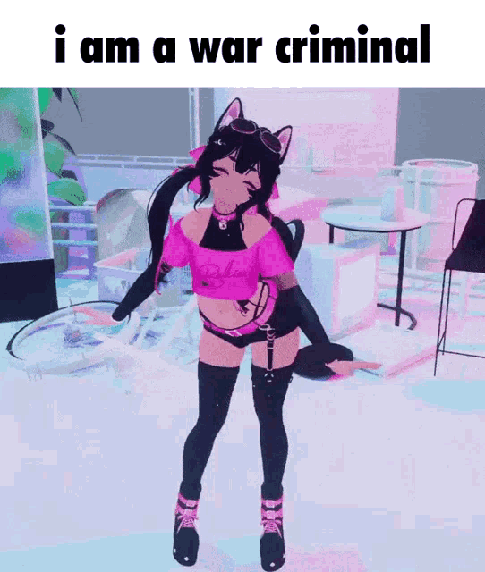 a picture of a girl with the words i am a war criminal on top
