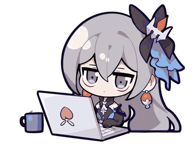 a cartoon drawing of a girl sitting in front of a laptop computer