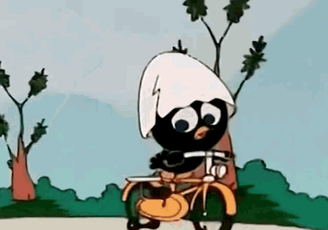 a cartoon character is riding a bike with a white hat on his head