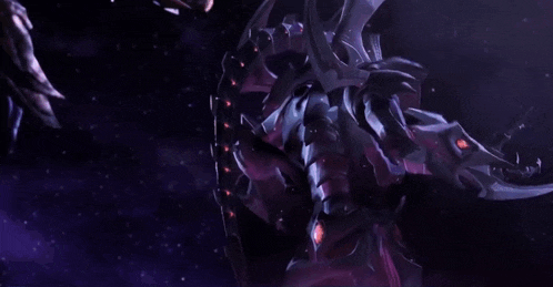 a purple and black monster with a red eye is standing in the dark