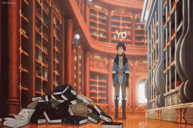 a man standing in a library with a pile of books on the floor and a sign that says yo