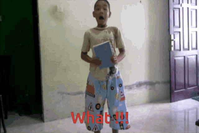 a boy standing in front of a door holding a book with the word what written on the bottom