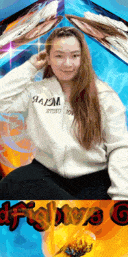 a girl in a white jacket with the word fighting on the bottom