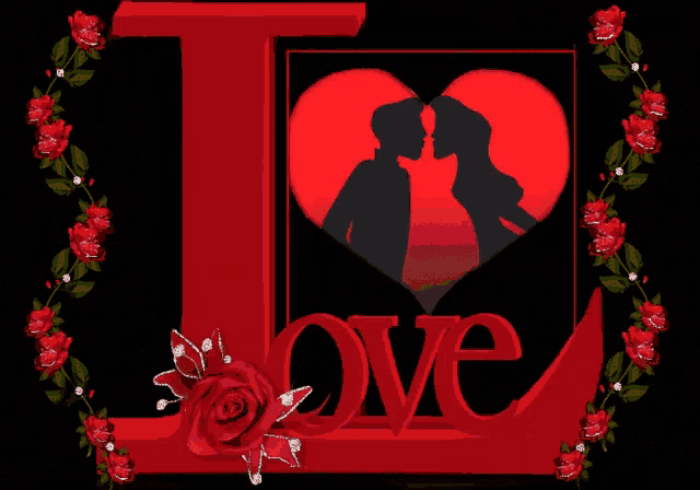 a couple kissing in a red heart with the word love