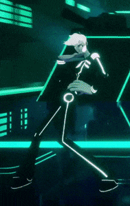 a man in a futuristic outfit is dancing in front of a green light