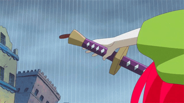a cartoon of a person holding a sword with diamonds on the handle