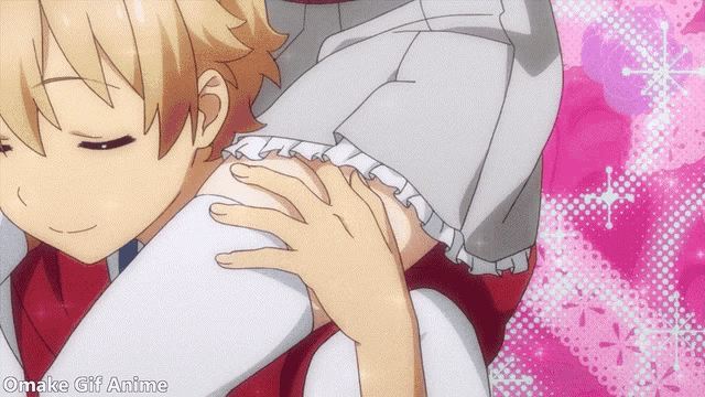 a gif of a girl being held by a boy with the words omake gif anime written on the bottom