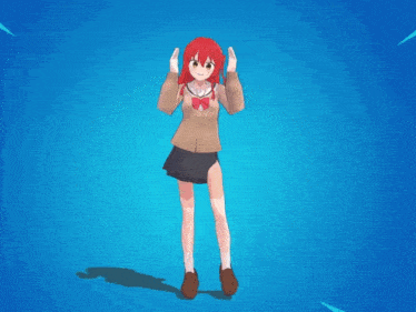 a girl with red hair is standing on a blue surface