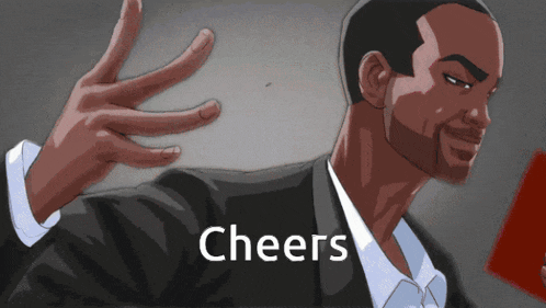 a man in a suit is holding a red card and the word cheers is on the bottom right