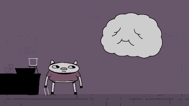 a cartoon of a pig with a knife and a cloud above it