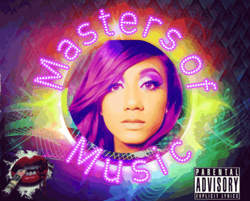 a poster for masters of music with a purple haired woman