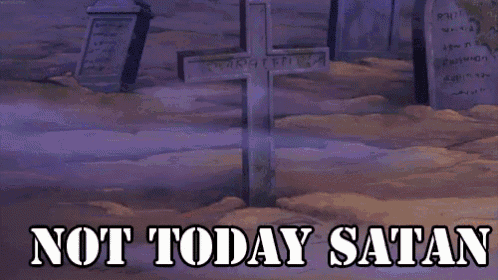 a cartoon of a skeleton in a cemetery with the words " not today satan " below him