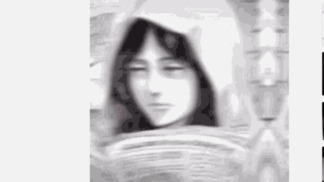 a black and white drawing of a woman 's face with a hood on .