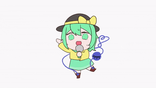 a cartoon drawing of a girl with green hair and a black hat