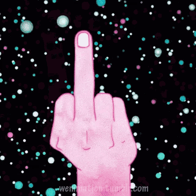 a pink hand is giving the middle finger in front of a black background
